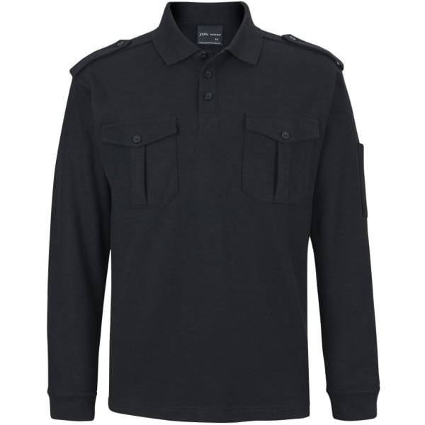 A long-sleeved black polo shirt featuring epaulettes and two front pockets, with a logo on the chest.