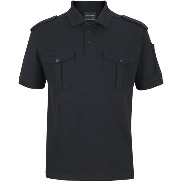 A black epaulette polo shirt featuring two front pockets and shoulder detail. It has a logo on the sleeve.