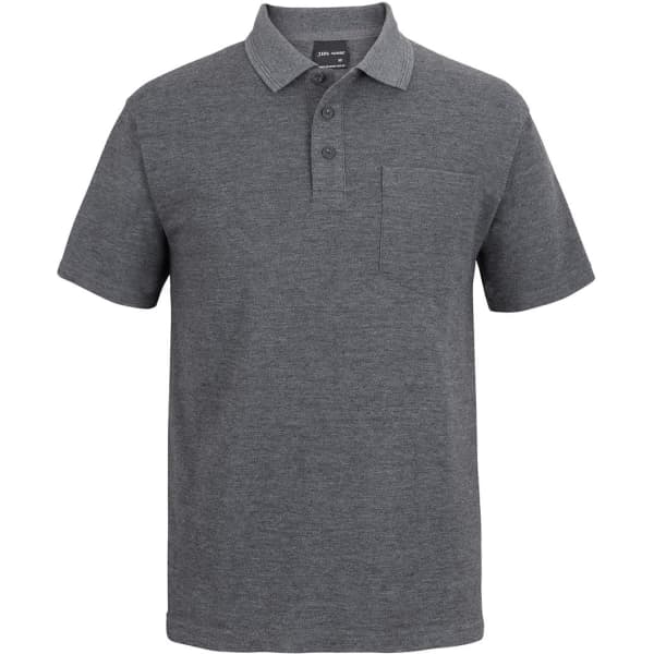 A grey polo shirt with a short sleeve, collar, and a pocket, featuring a logo on the chest area.