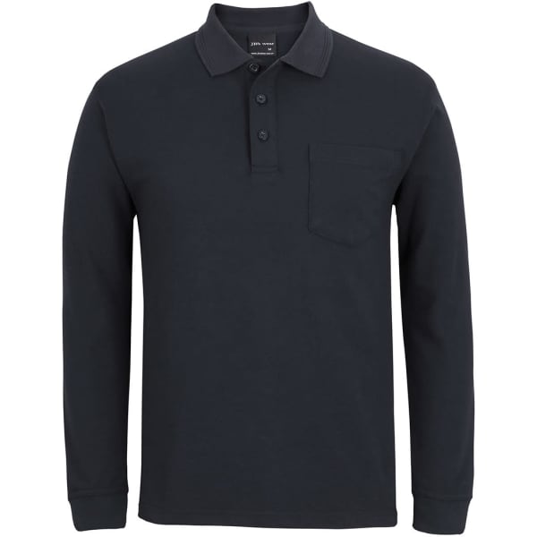 A navy long-sleeve polo shirt featuring a pocket and a logo.