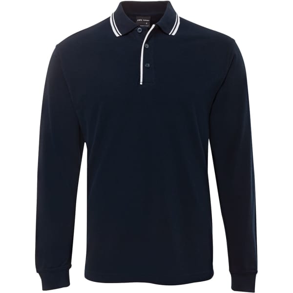 A long-sleeve polo shirt in navy with white contrast detailing and a collar. Features a logo on the chest.
