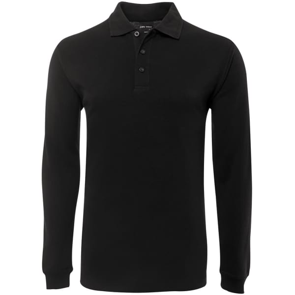 A long-sleeved black polo shirt with a collar and three buttons, featuring a logo on the chest.