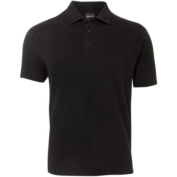 A black pique polo shirt with a collared neck and button placket, featuring a logo.
