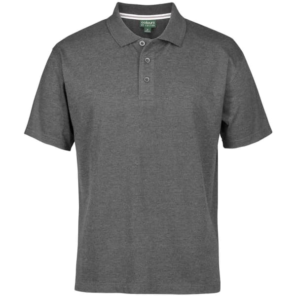 A grey polo shirt with a collared neck, short sleeves, and three buttons, featuring a logo.