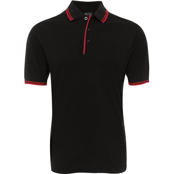 A black polo shirt with red contrast detailing and a collar. It features a subtle logo on the chest.
