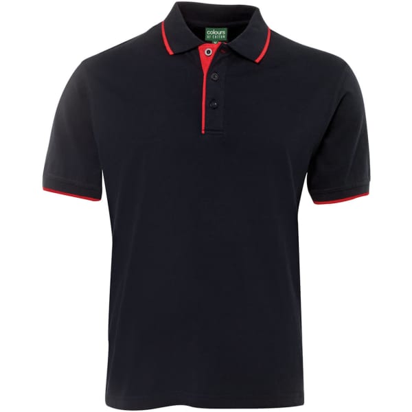 A navy polo shirt with red accents and a collar, featuring buttons and a logo.