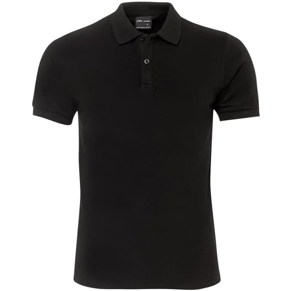 A black fitted polo shirt with a collar and short sleeves. It features a logo on the left side.