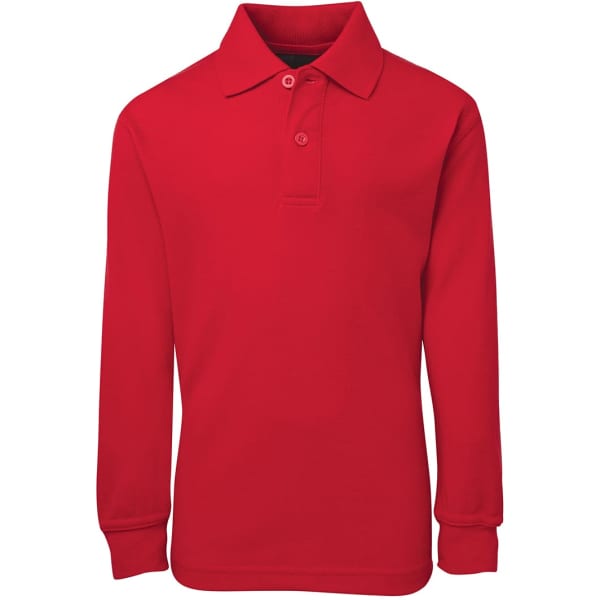 A red long-sleeved polo shirt featuring a classic collar and buttoned placket, with a branding logo.