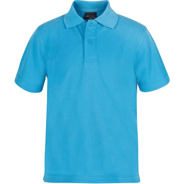 A short-sleeved polo in bright blue with a collar, featuring a logo on the chest.
