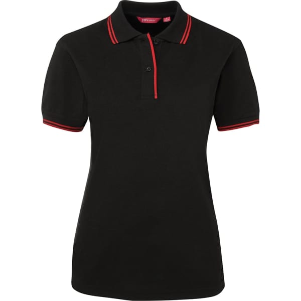A black polo shirt with contrasting red stripes on the collar and sleeves, featuring a logo.