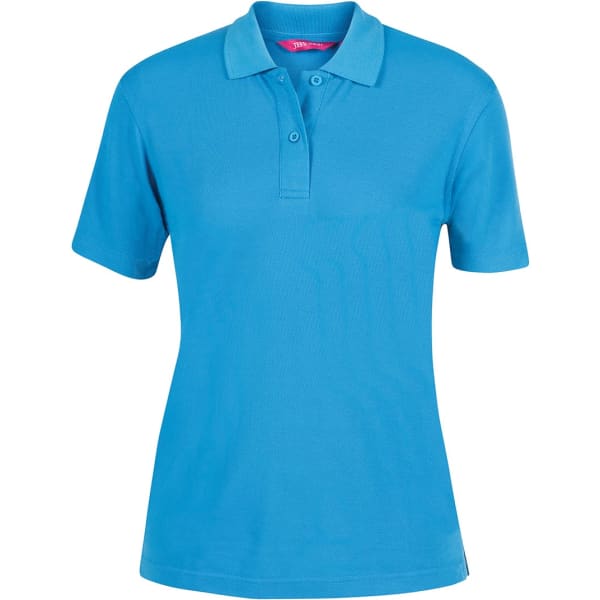 A blue ladies polo shirt with a collar and short sleeves. It features a logo on the chest area.