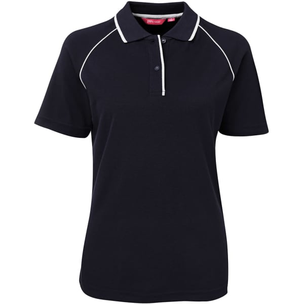 A navy and white ladies' raglan polo featuring a classic collar and logo.