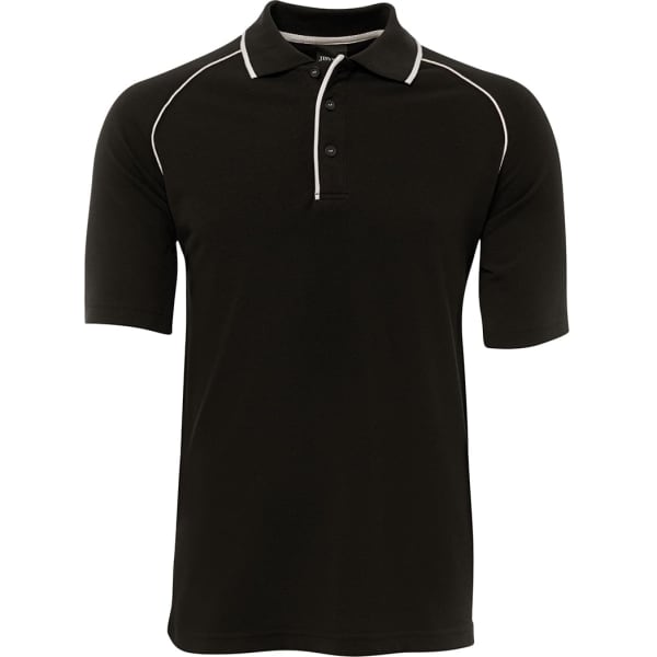 A black raglan polo shirt featuring a contrasting trim and a collar, with short sleeves and a logo.