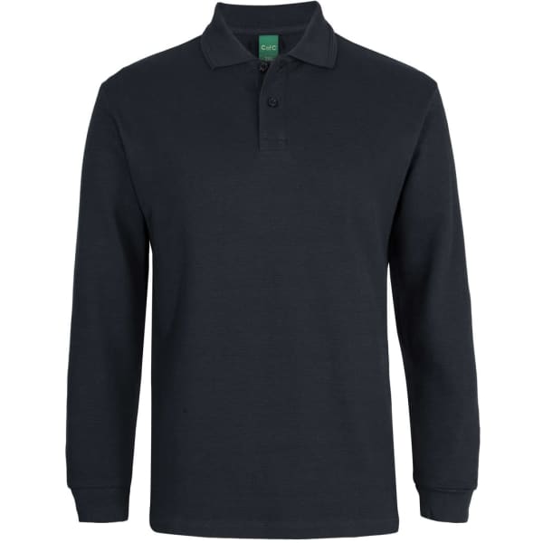 A navy long-sleeve polo made from popcorn cotton with a collar and a logo.