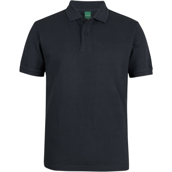 A navy blue polo shirt with a collar and short sleeves, featuring a logo on the chest area.