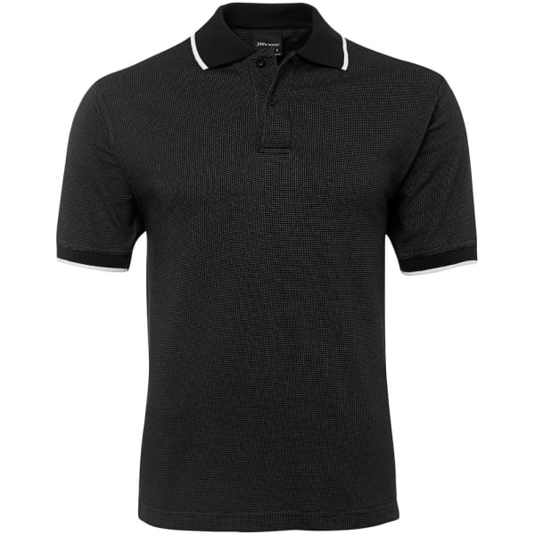 A black polo shirt with short sleeves and white trim around the collar and sleeves, featuring a logo.