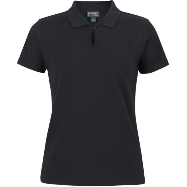 A black ladies' short-sleeve cotton stretch polo featuring a collar and a buttoned placket. It has a logo.