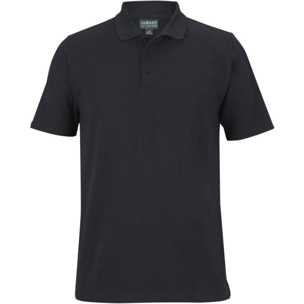 A black short-sleeved stretch polo shirt with a collar and three buttons, featuring a logo.