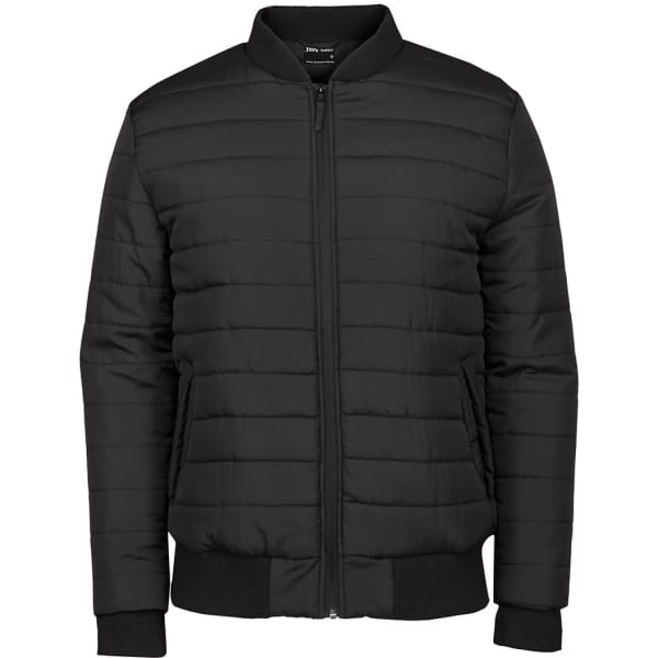 A black puffer bomber jacket with a front zip, featuring a fitted waistband and cuffs, and a branding logo.
