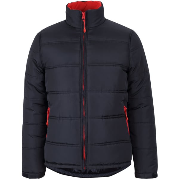 A black puffer jacket with contrasting red lining and zippers, featuring side pockets and a high collar.