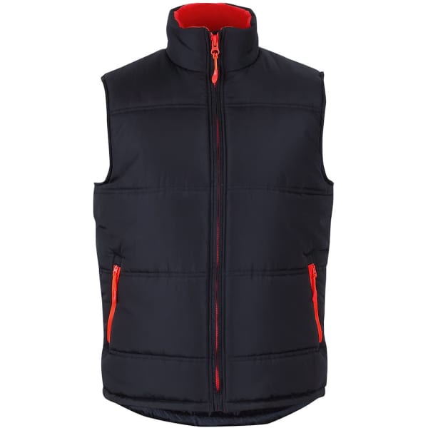 A black puffer vest with orange zip accents and a stand-up collar, featuring vertical quilted detailing.