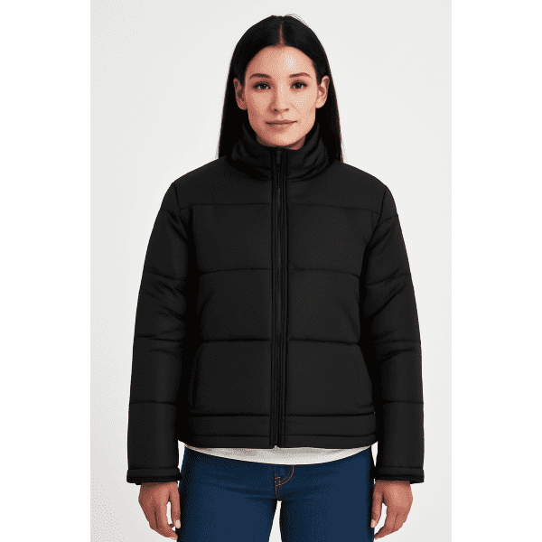A black and grey puffer jacket featuring a zip-up front and a high collar, modelled by a woman.