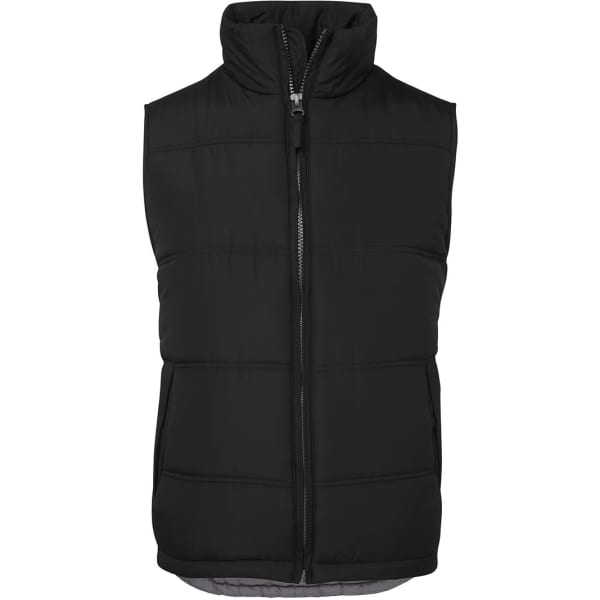 A black puffer vest with a high collar and zip front, featuring horizontal quilted sections. 