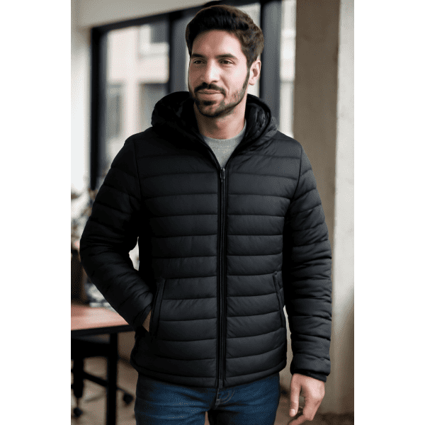 A black hooded puffer jacket with a zip front, featuring a fitted design and a hood, displayed indoors.