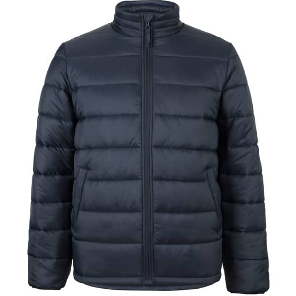 A navy puffer jacket featuring a zip closure and standing collar, with a logo on the front.