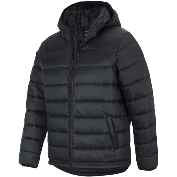 A black hooded puffer jacket with a zip front and side pockets, featuring a logo on it.
