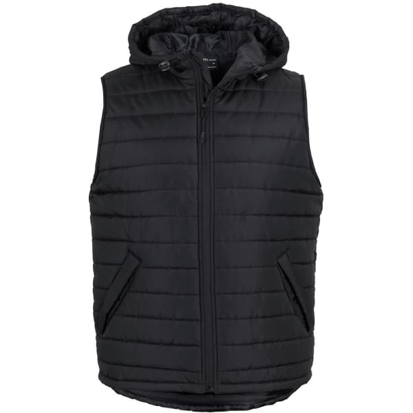 A black hooded puffer vest with a quilted design and zippered front, featuring side pockets and a logo.