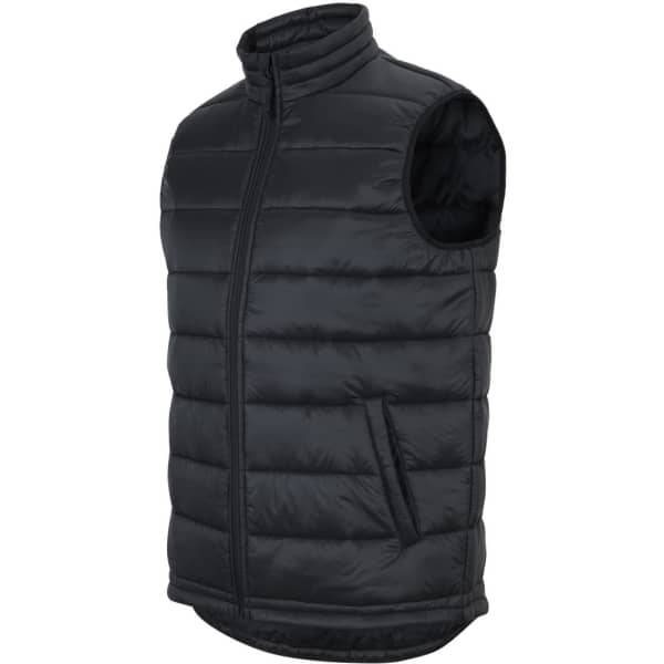 A black puffer vest with a zip front and a side pocket, featuring a sleek, padded design and an unlined armhole.