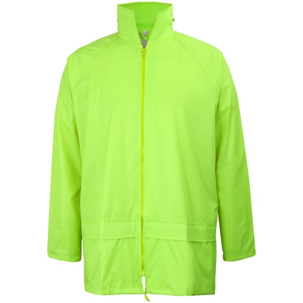 A bright yellow rain jacket with a zip front and a high collar. It features long sleeves and a branded logo.