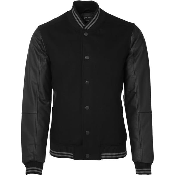 A black baseball jacket featuring leather sleeves and a striped collar, complete with a branded logo.