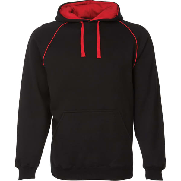 A black hoodie with red accents and a kangaroo pocket, featuring a hood and drawstrings. It has a logo on it.