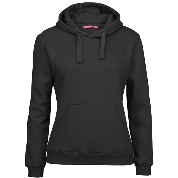 A black hoodie featuring a front pocket and adjustable drawstrings on the hood. It includes a small logo.