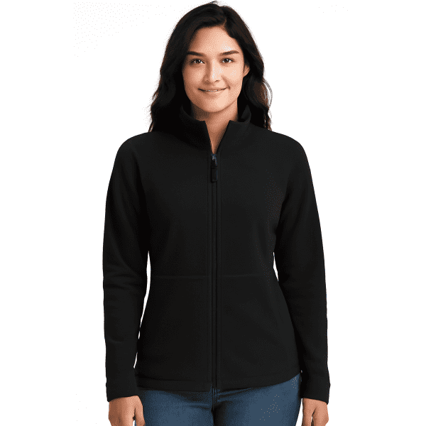 A woman wearing a black full zip polar jacket, featuring a high collar and a fitted design, with a branded logo.