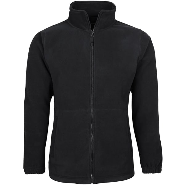 A black fleece jacket with a full zip and a high collar. It features long sleeves and a simple design.