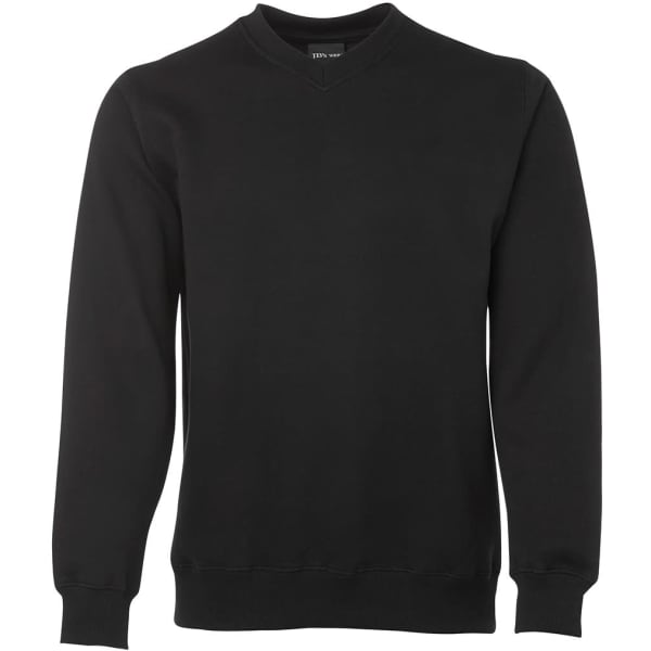 A black V-neck fleece sweat with long sleeves and a logo on the chest.