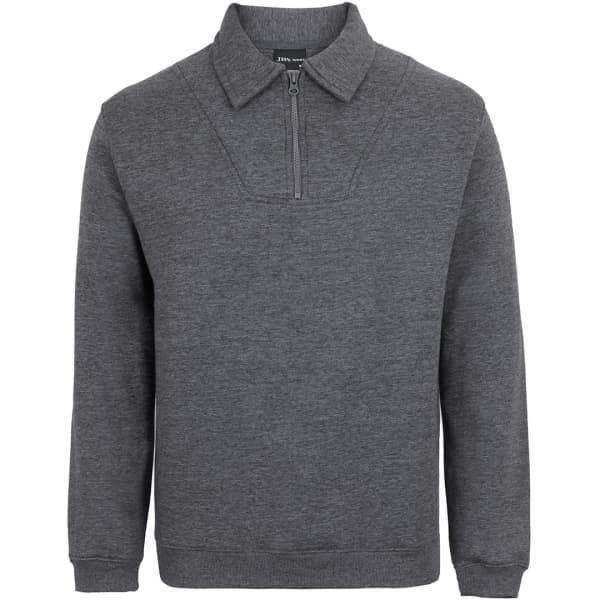 A grey 1/2 zip fleece sweat with a collar and long sleeves, featuring an attached branding logo.