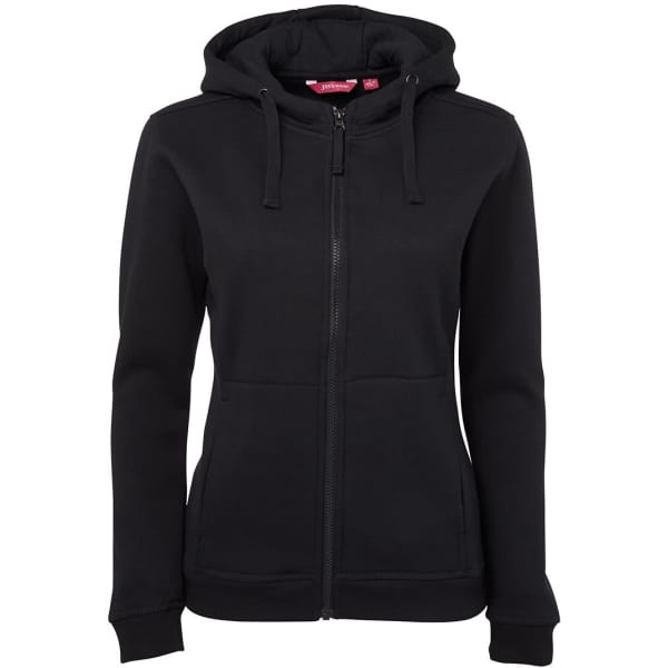A women's full zip hoodie in black with a hood and front pockets, featuring a logo.