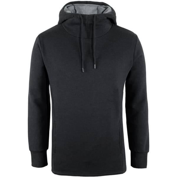 A black hoodie with a grey hood lining, featuring a front pocket and adjustable drawstrings. It has a logo.