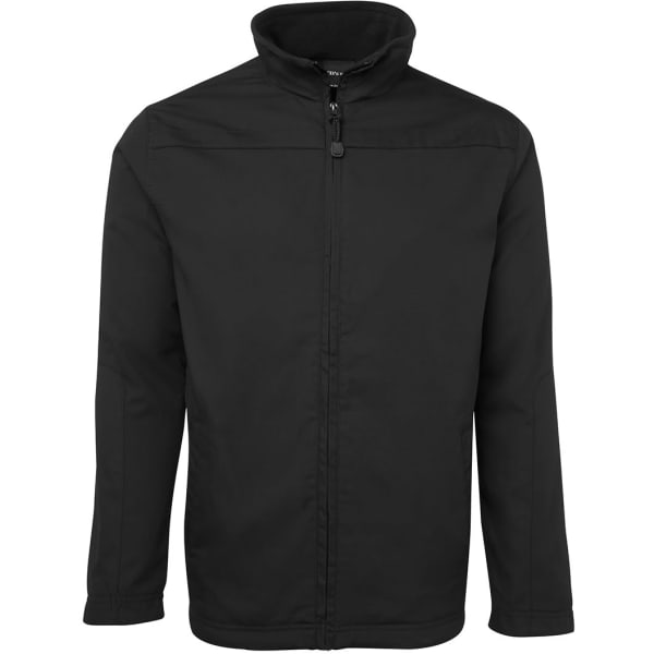 A black jacket with a high collar and zip closure, featuring long sleeves and a simple design.
