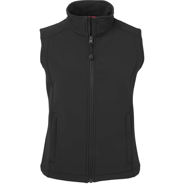 A black softshell vest featuring a high collar and side pockets, with a zip-up front and a logo.