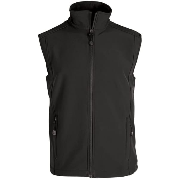 A black softshell vest featuring a full zip and side pockets. It has a branding logo on it.