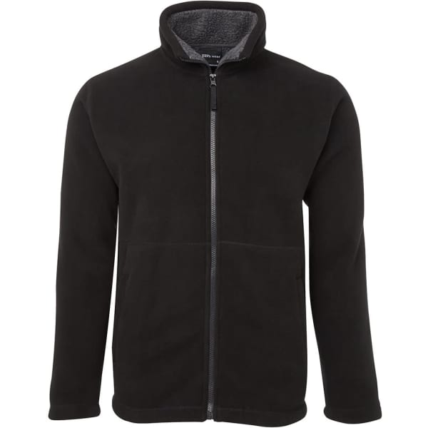 A black fleece jacket with a zip front and high collar, featuring a logo on the chest.