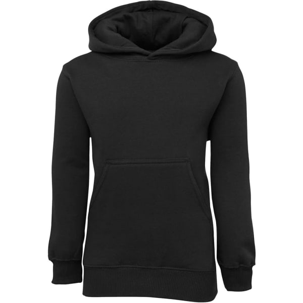 A black fleecy hoodie for kids featuring a front pocket and a hood. It has a logo on one side.
