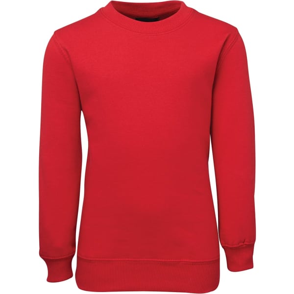 A red fleecy sweatshirt with long sleeves and a crew neck, featuring a small logo.