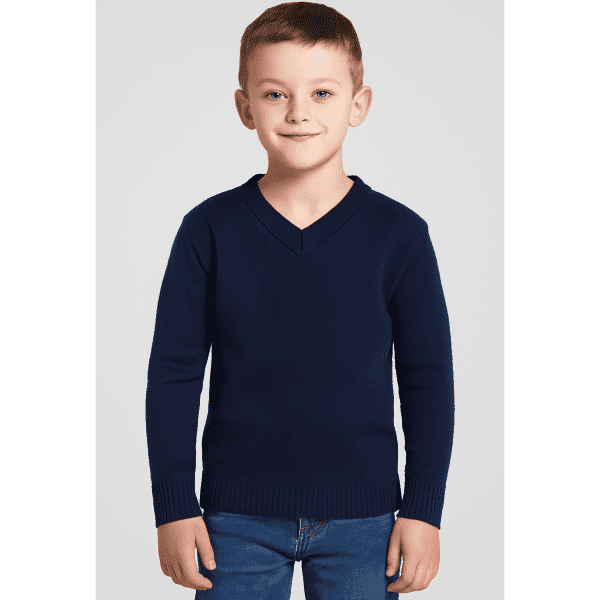 A boy is wearing a navy blue v-neck jumper. The jumper has a ribbed hem and cuffs.
