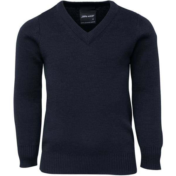 A knitted jumper in navy blue featuring a v-neck design and long sleeves. Includes a brand logo.